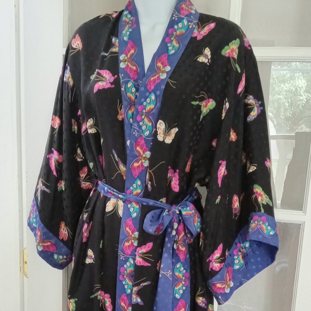 1980s 100% Silk Robe Kimono Style Robe Black with Butterflies